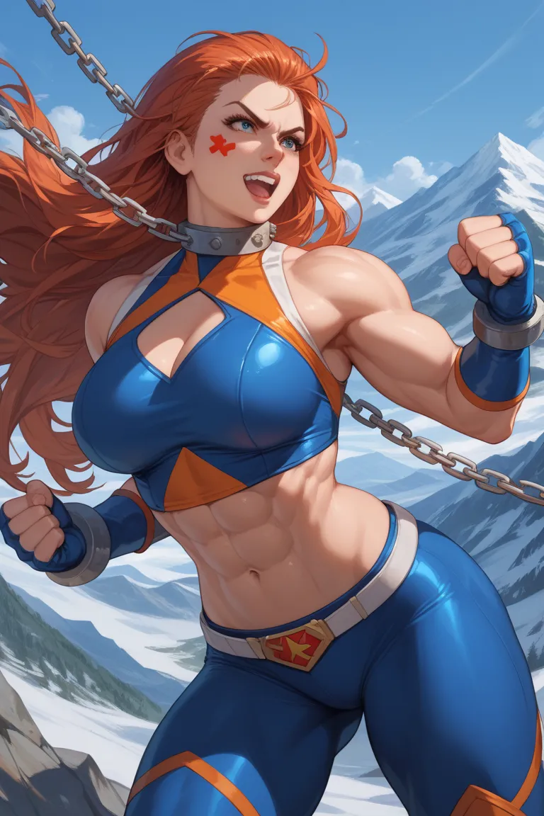 A female hero in a super girl costume, Fighting in the mountains, subduing the hero, That she's a little hurt, with anger on her face and that she ends up in chains, that the woman's muscles are noticeable and that her abdomen is uncovered and with long ha...