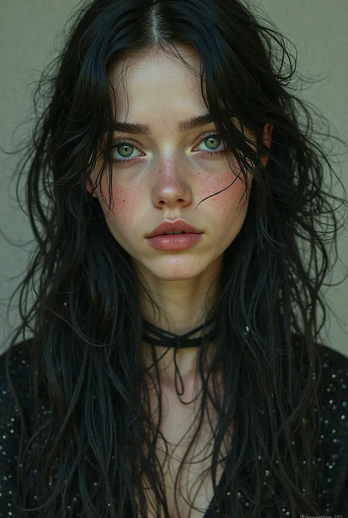 Picture of a woman with black hair and green eyes