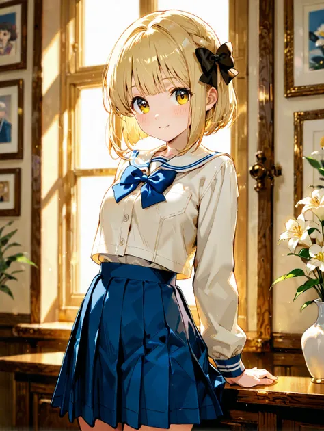 highres,absurdres,(masterpiece:1.2),(best quality:1.2),highly detailed,4K,school uniform,white shirt,pleats skirt,checkered_skirt,blue bow tie,1girl,medium breasts,blonde hair,bob cut,blue eyes