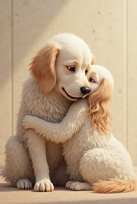 Golden Retriever hugging with long hair. No need to show her face.  she's very white . light brown hair. 