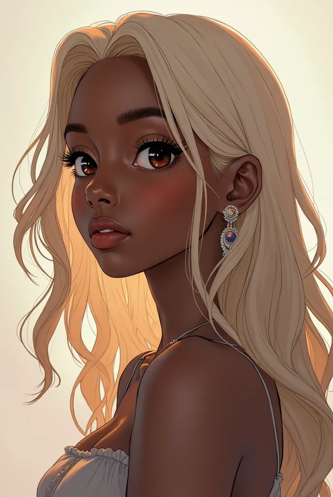 Black, beautiful woman with brown eyes and ash blonde wavy hair anime 