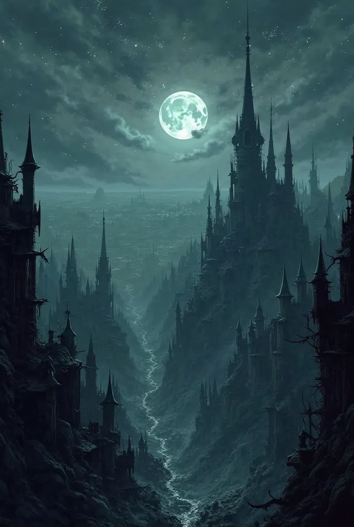 Create a background image for a tabletop RPG stream, in a Bloodborne style landscape in a dark environment at night with the city being seen from above.  with transparent background.