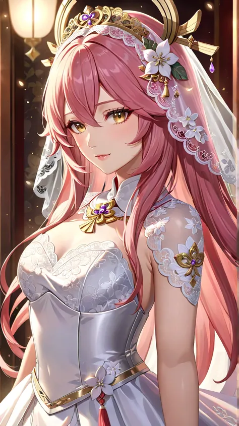 (Extreme close-up, Face-focused portrait)""A stunning illustration of Yae Miko from Genshin Impact wearing a luxurious and elegant wedding dress with a modest yet sophisticated design. The dress features intricate lace details, a corset-style bodice, and a...