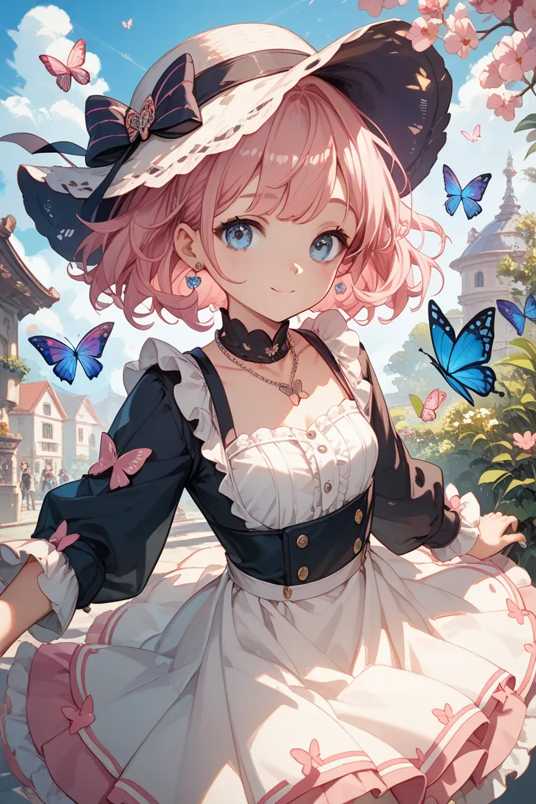 Cute anime-style picture、pink hair and blue eyes about a  old girl、 wearing a small silver hat on the right side of her head、purple thin necklace with butterflies🦋、clothes are turtlenecks with black shoulders、pink pannier skirt on the bottom、