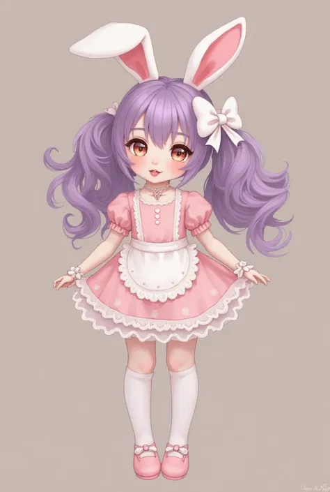 Gender: Female

Eye color: Peach pink with hints of gold, shimmering like candy
Hair color: Pastel purple, long and wavy, styled into twin ponytails resembling bunny ears
Animal features: Soft white bunny ears with pink insides and a tiny cotton-tail
 Outf...