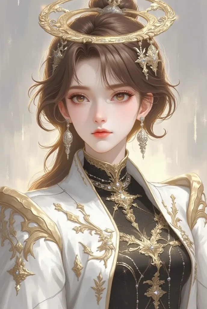 1 girl, dark brown hair, amber eyes, wearing gold circlet on head, wearing black and silver martial arts style clothes, absurdres, hightres, ultra sharp, 8k, masterpiece, looking at viewer, anime, face front towards viewer, fantasy background, no earrings