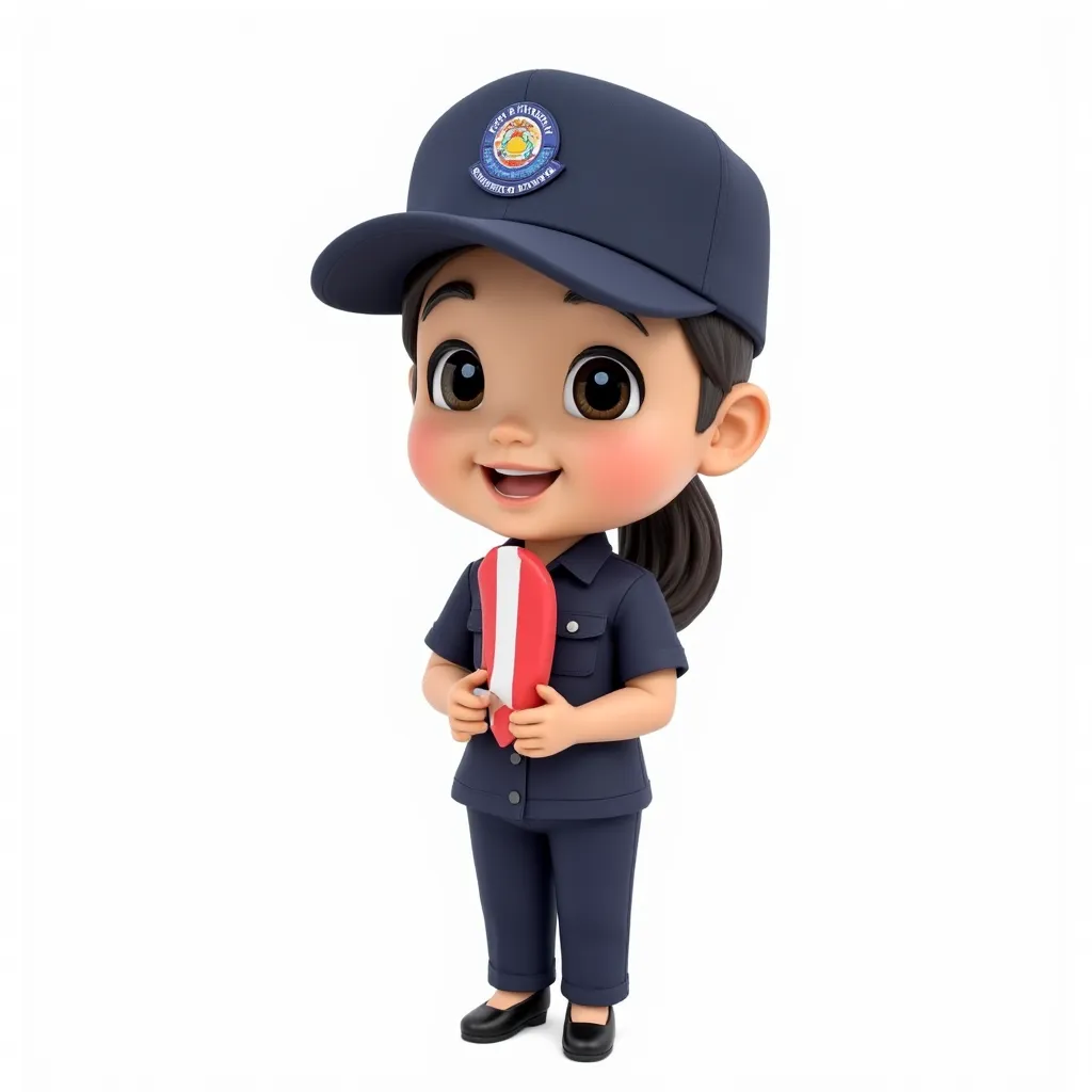 Chibi style 3D cartoon illustration of a Thai soldier in a dark blue short-sleeved uniform, dark blue slacks and a hat, showing a happy and smiling expression, holding a red and white float with both hands. The body is small and cute in chibi art style, an...