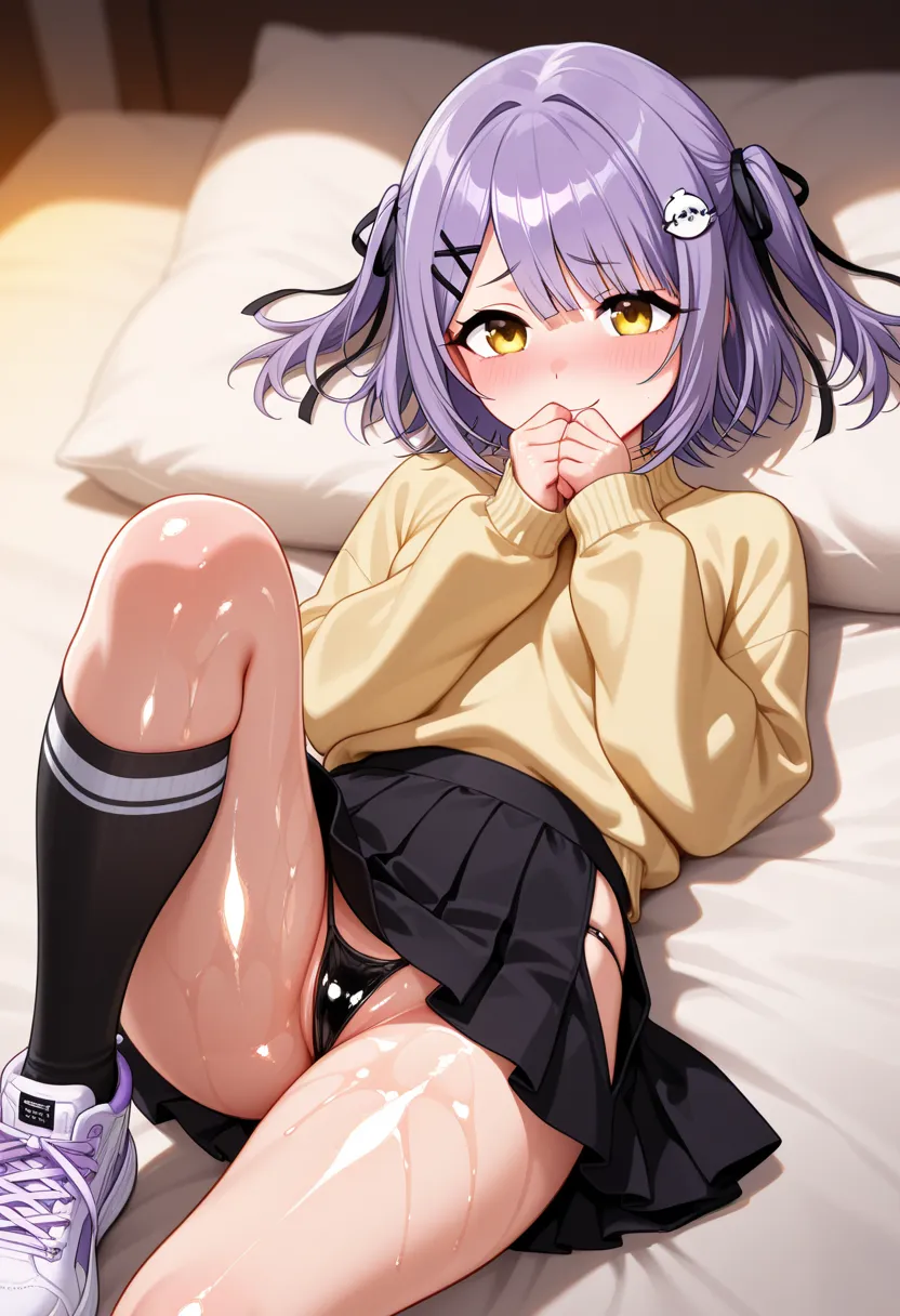 smooth shadow, glow, oily skin, shiny skin, gleaming skin, high resolution image ,  masterpiece, highest quality, great quality, absurdres,ultra detailed,8k,1 girl,  shinomiya runa, purple hair, two side up, short hair, yellow eyes, small breasts, hair rib...