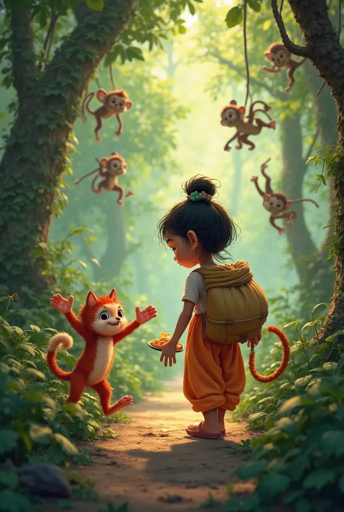 Deep in the jungle, Baingni, the  wheat-colored girl, and the chubby red cat cautiously walk, following the treasure map. Suddenly, mischievous monkeys swing down from the trees, eyeing the food Baingni carries in a small cloth bundle. One monkey swiftly g...