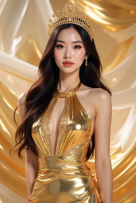 a woman in a stunning gold metallic gown that glimmers elegantly. The dress has a halter neckline and a fitted silhouette, accentuating her figure. She is wearing a golden crown-like headpiece with intricate details, complementing her overall regal appeara...