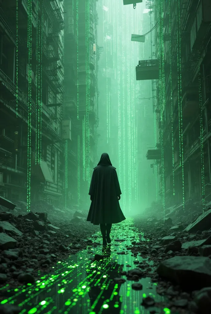 cyberpunk，Digital Matrix，The Matrix， Future Sense of Technology ，Sci-fi city，Broken Digital City，Suspended Binary Code {x} Dark Background with Neon Green Highlights，The Matrix，Movie《The Matrix》 poster style，surreal 3D rendering，Green Code Rain，Low Polygon...