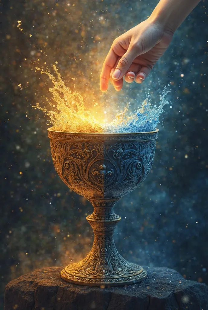 /imagine prompt: A mystical goblet overflowing with a swirling mix of joy and sorrow, one side radiating golden euphoria, the other dripping with inky midnight blues. A celestial hand reaches from the heavens, offering the chalice to a seeker longing for e...