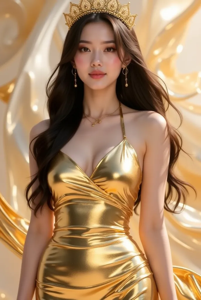 a woman in a stunning gold metallic gown that glimmers elegantly. The dress has a halter neckline and a fitted silhouette, accentuating her figure. She is wearing a golden crown-like headpiece with intricate details, complementing her overall regal appeara...