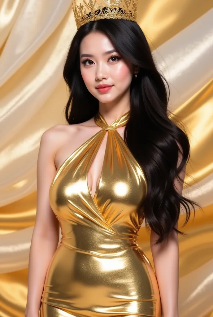 a woman in a stunning gold metallic gown that glimmers elegantly. The dress has a halter neckline and a fitted silhouette, accentuating her figure. She is wearing a golden crown-like headpiece with intricate details, complementing her overall regal appeara...