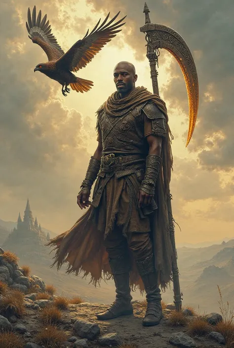  1man, tall, slender, brown skin, scythe in right hand, leather armor, kestrel flying in the air above him 