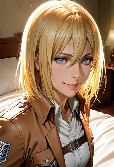 masterpiece, best quality, vibrant, very aesthetic, high contrast, photorealistic portrait,beautiful detailed face,detailed texture,detailed skin, newest, 1girl, Attack on titan,source_ Attack on titan,Historia Reiss,soldier uniform,bed room,cheap inn,inti...