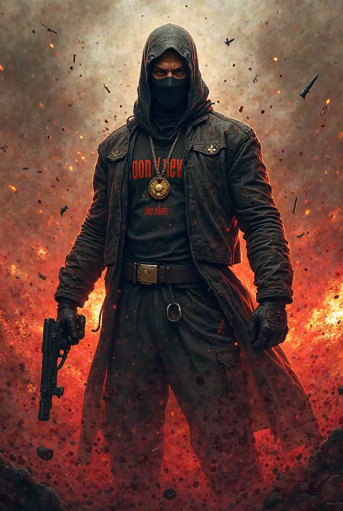 Logo of a masked man with weapons in his hand, In the background; blood, Shots and fire, in his chest a champion medal and the phrase "BOM Y NEW" 