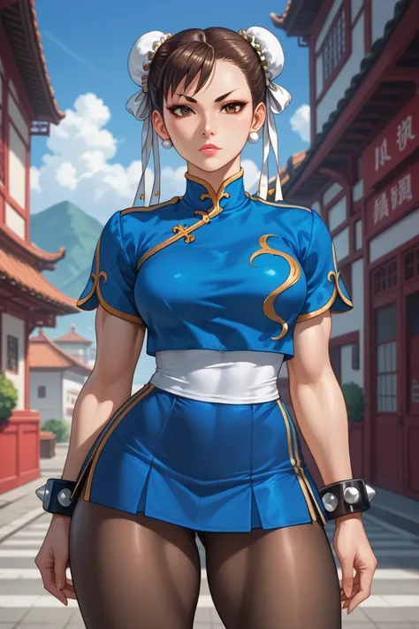 Chun-Li,beautiful young woman in a classic blue uniform,   thick thighs  ,  beautiful sexy thighs  , a little muscular ,  Tied Hair,  black tights , Chinese city in the afternoon , Alone.Alone,  blue clothes, blue skirt,  Serious Look T-Shirt, beautiful ey...