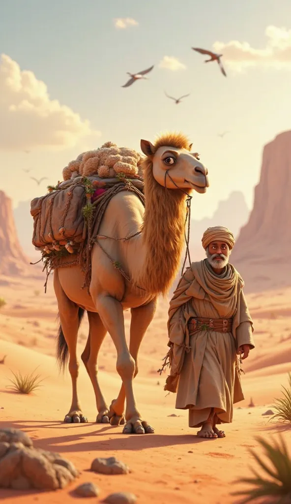 Make the camel carrying heavy goods alongside your master, Disney pixar style