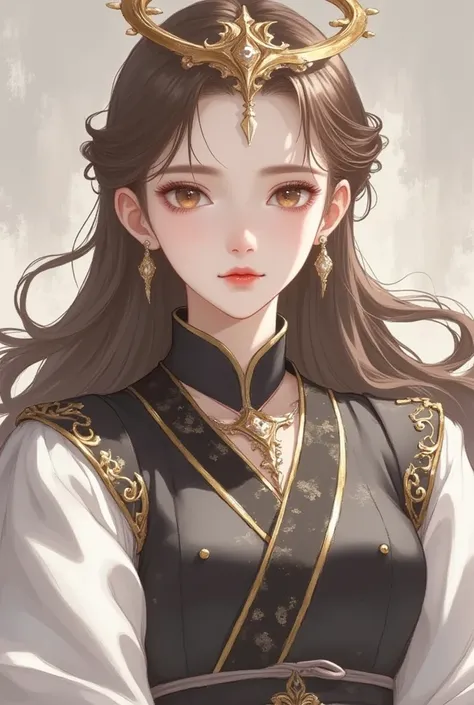 1 girl, dark brown hair, amber eyes, wearing gold circlet on head, wearing black martial arts style clothes, absurdres, hightres, ultra sharp, 8k, masterpiece, looking at viewer, anime, face front towards viewer, fantasy background, no earrings