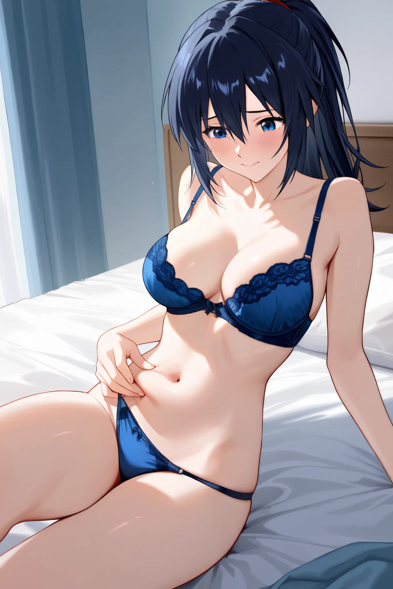 Neon Genesis Evangelion，Asuka，Wearing a blue underwire bra， Sexy Body ，C cup，Breast augmentation，sit on the bed，Very satisfied ，Very shy long black hair，blue eyes，The skin is very white and tender，，Pose up the model's look ， to show off and show off her bo...