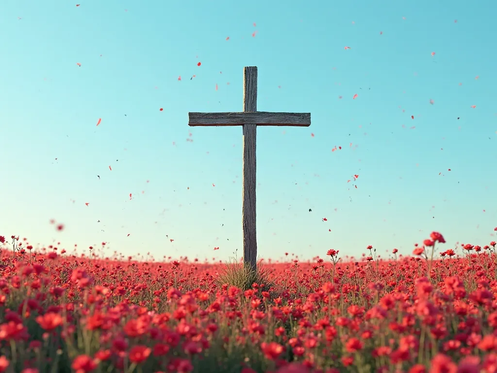 cross on the field of red flowers ,there is an open sky