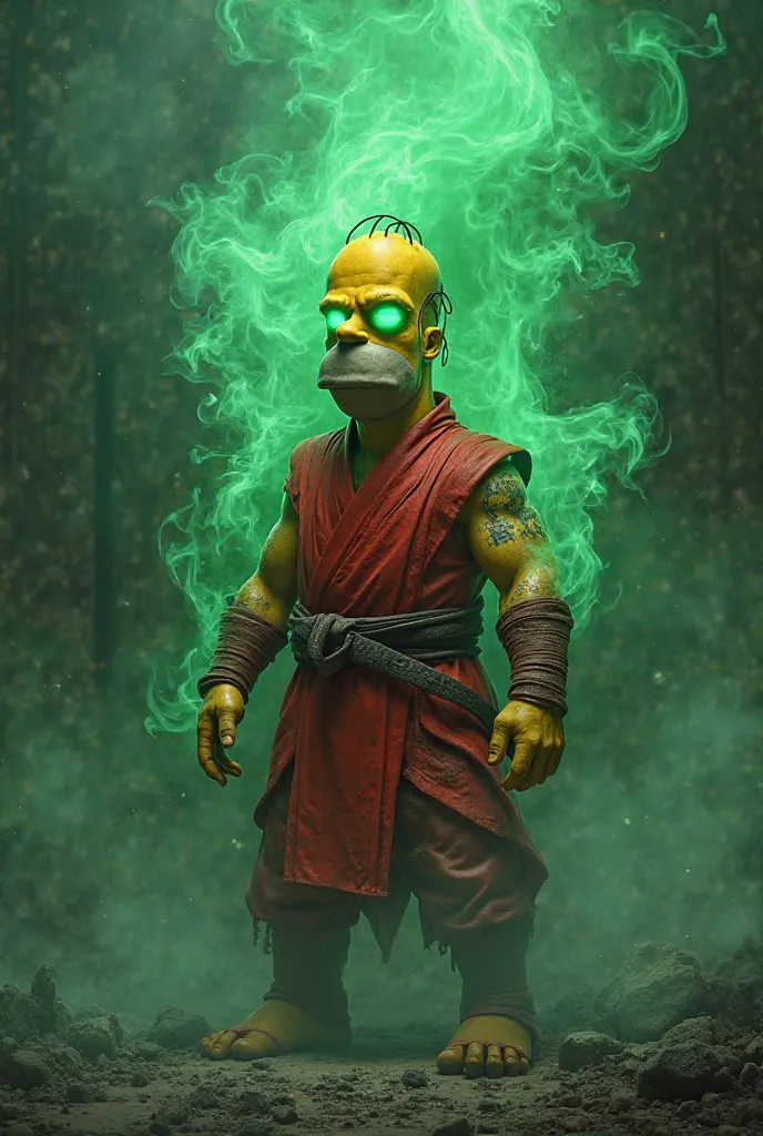 Smoke from Mortal Kombat animated with red ninja costume Homer Simpson style with green souls of Mr. Burns in the back