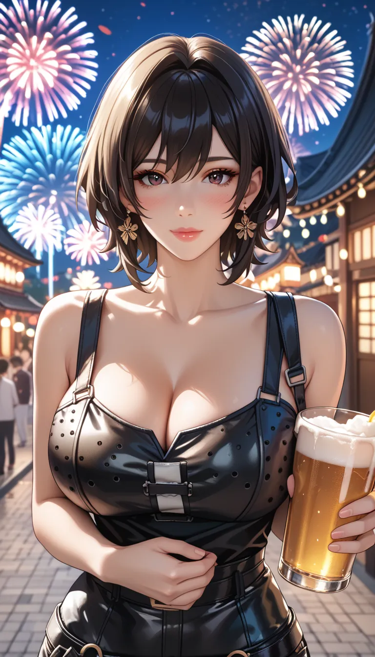 (masterpiece, best_quality:1.2), 1girl, solo, mature female, ((Ceasar King)), short hair, short black leather skirt, black leather tank top, beautiful eyes, female focus, looking at viewer, blush, large breast, cleavage, wide hips, ((solo)), detailed, very...