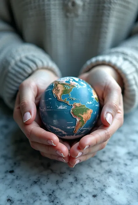 someone holding a small earth in their hands on a marble surface, a marble sculpture by Thomas Dalziel, cg society contest winner, hyperrealism, holding the earth, gently caressing earth, creation of the world, our planet, with earth, mother earth, holding...