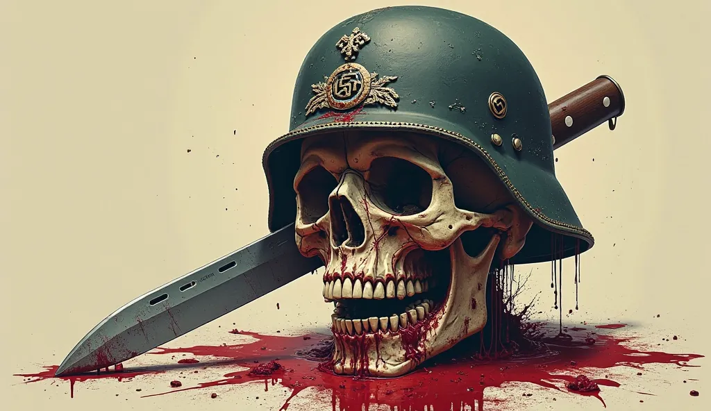 A severed and necrotic, decaying rotting skull of a  wearing a nazi helmet. There is a knife stabbed into the forehead. (Propaganda poster: 1.5)