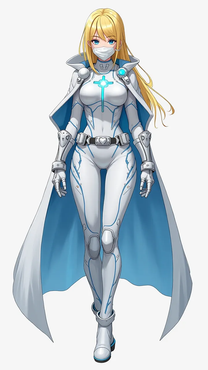 Anime style
Woman
Human
A tight white jumpsuit with blue and silver details to reflect cleanliness, professionalism, and a futuristic feel.
Durable material inserts, such as lightweight kevlar, to protect her in combat without compromising her mobility.
A ...