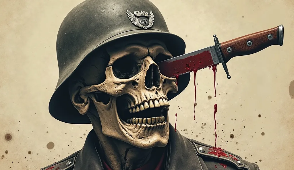 A severed and necrotic, decaying rotting skull of a  wearing a nazi helmet. There is a knife stabbed into the forehead. (Propaganda poster: 1.5)