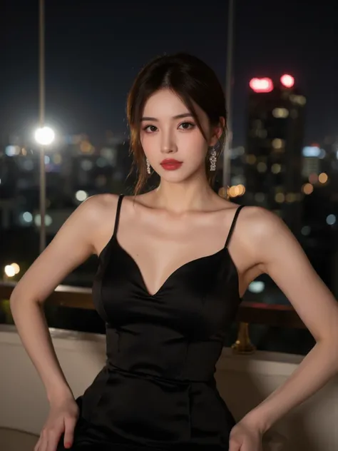 Subject: A cute Thai woman in an elegant evening gown
Details: Black silk dress, diamond earrings, red lips, sleek hairstyle
Environment / Background: Luxurious rooftop bar overlooking Bangkok skyline at night
Lighting: Soft and moody, city lights reflecti...