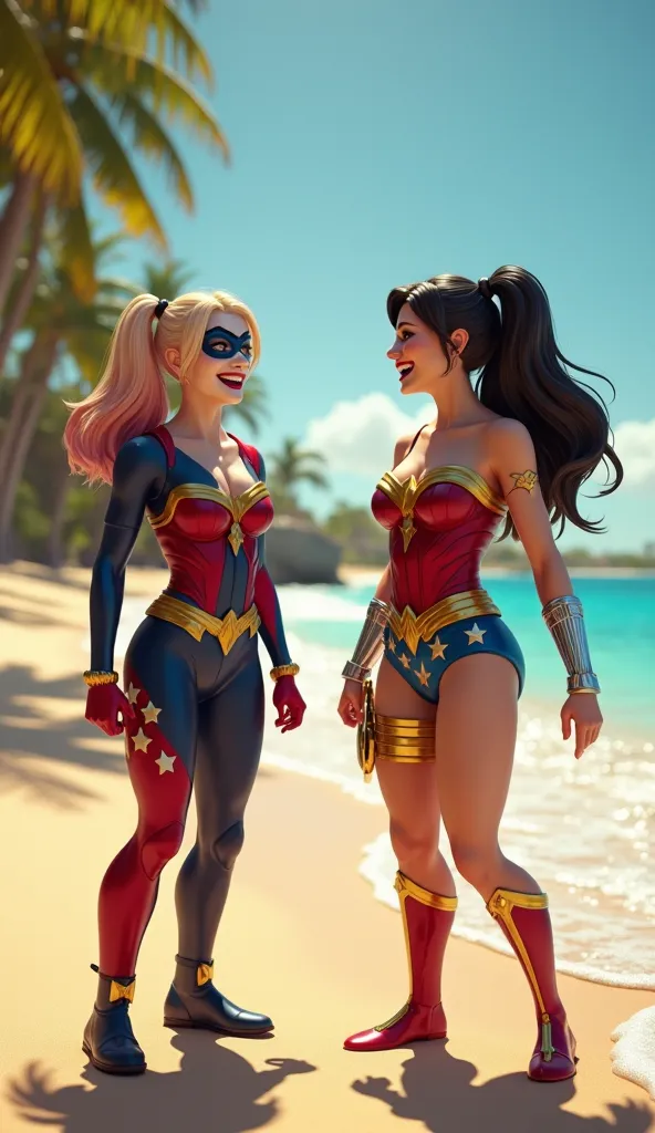  harley quinn , Wonderwoman laughing out loud on the beach,   ultra real and professional images