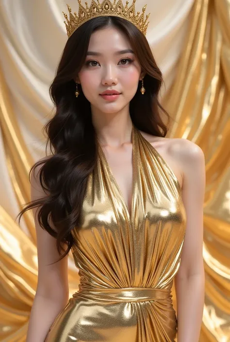 a woman in a stunning gold metallic gown that glimmers elegantly. The dress has a halter neckline and a fitted silhouette, accentuating her figure. She is wearing a golden crown-like headpiece with intricate details, complementing her overall regal appeara...