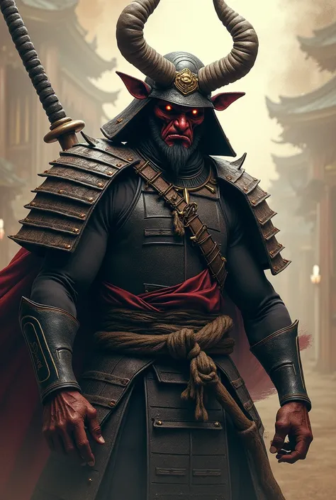 Demon Man with a Big Metal Stick., The devil's villain,  a samurai wearing a demon mask , Demon Samurai , Demon Samurai 戦士, demon samurai, ,  Muscular Macho Body ,Rugged appearance,Has a Very Large Metal Rod,super A high resolution, super realistic,fantasy...