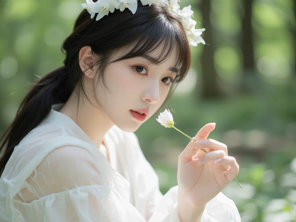 kpop girl, korean and Chinese, soft black hair, gorgeous, 19 years old, stunning, perfect visual, unique and porcelain like visual, dewy look, visual like a doll, hair in a low side ponytail , realistic, plump lips, fits Korean beauty standards 100 percent...