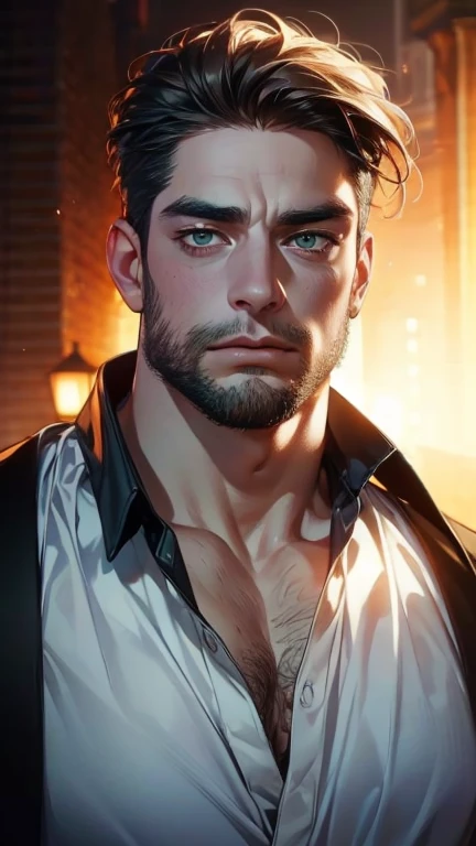 (  better quality,4K,8k,   highres,  masterpiece :1.2),  breasts  ,(Realistic,photoRealistic,photo-Realistic:1.37),36-year-old man,3 day beard,Beautiful anime,Portraits,strong,masculine,    with dark hair  ,sharp jaw,     mesmerizing green eyes   ,    perf...