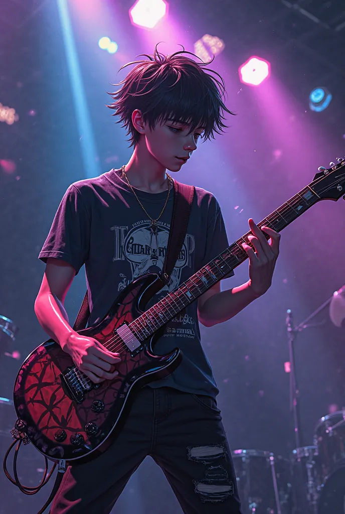 anime boy performing guitar on stage with lights