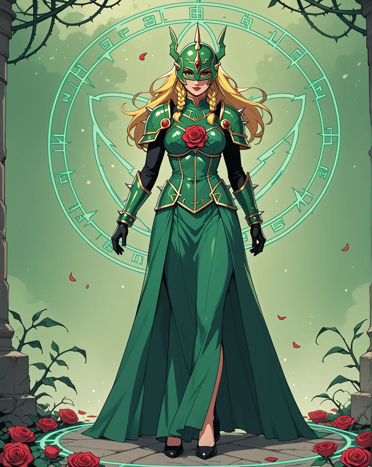 A tall, slender woman wearing a dress of thorns and red roses that move as if they were alive. Her dress resembles armor, And this armor is in the style of the Digimon anime. Your eyes are covered by a rose mask that covers your face. . She has long hair w...