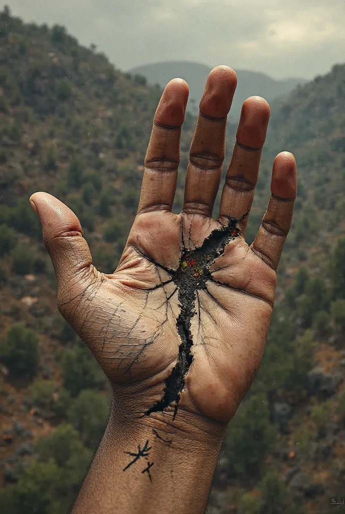 a hand with cracks, representing that Mexico lost a part of itself