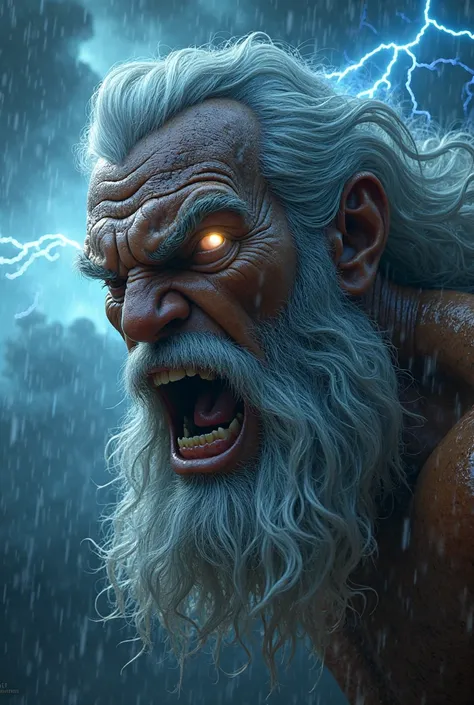 A hyper-realistic, ultra-detailed 4K cinematic close-up of Zeus in a furious rage. His colossal face dominates the frame, his glowing white eyes crackling with raw divine energy, filled with an intense, godly fury. Deep shadows carve through his battle-har...