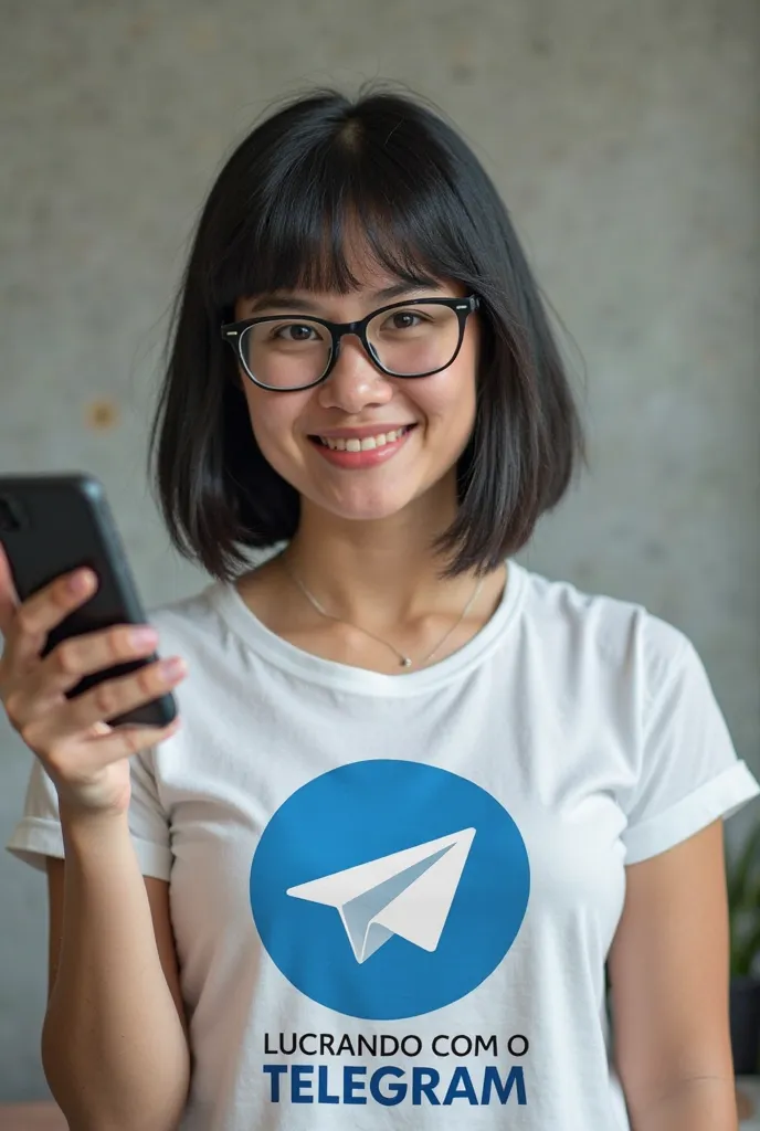 CREATE AN IMAGE OF A WOMAN WITH SHORT STRAIGHT BLACK HAIR, WEARING GLASSES, SHE IS WEARING A SHIRT WITH THE TELEGRAM LOGO, A BLUE CIRCLE WITH A WHITE PAPER BIRD IN THE MIDDLE, BELOW THE LOGO IT SAYS "LUCRANDO COM O TELEGRAM" SHE HAS A CELL PHONE IN HER HAN...