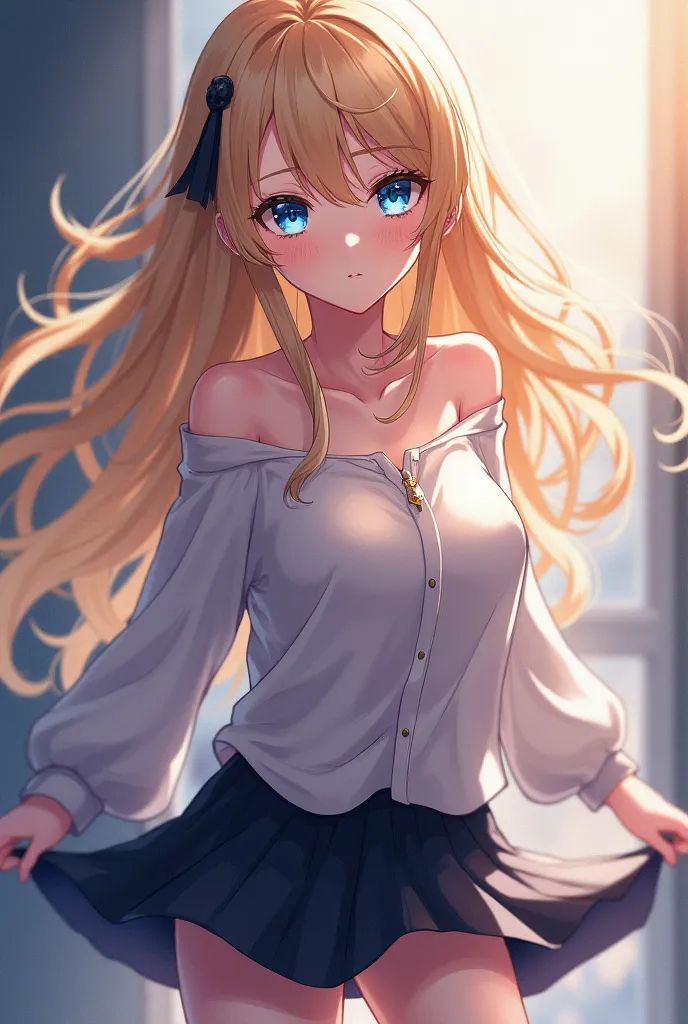 anime girl, light blonde hair with black tips, beautiful, short skirt, long hair, blue eyes, HD