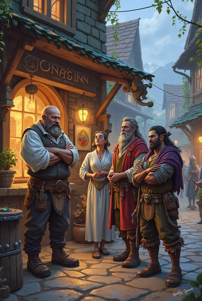 Markus (human) the blacksmith, Daniela(High Elf) the healer,Erick(dwarf) the jeweler and Kaelen (Dark Elf) The Picaro. In front of Jona's inn