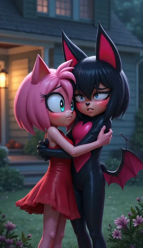 A highly detailed digital painting of Amy Rose and Rouge the Bat standing in a garden in front of a cozy suburban house at night. Both characters are crying intensely, their cheeks and noses flushed red from sadness. Tears stream down their faces, their ey...