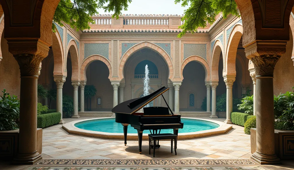 A grand piano in the middle of a courtyard with Arabic arches, surrounded by colorful mosaics and serenely flowing fountains. The sound of water and intricate architecture create an atmosphere of peace and mysticism.