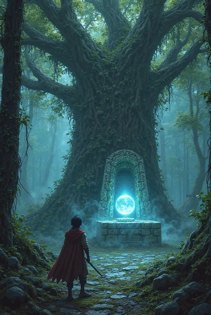 in a forgotten ancient forest，Huge vines are wrapped around a towering ancient tree towering into the clouds，The canopy shades the sky，The floor was covered with speckled light。Thick moss and fallen leaves，There was a humid fog in the air。far away，A half-d...