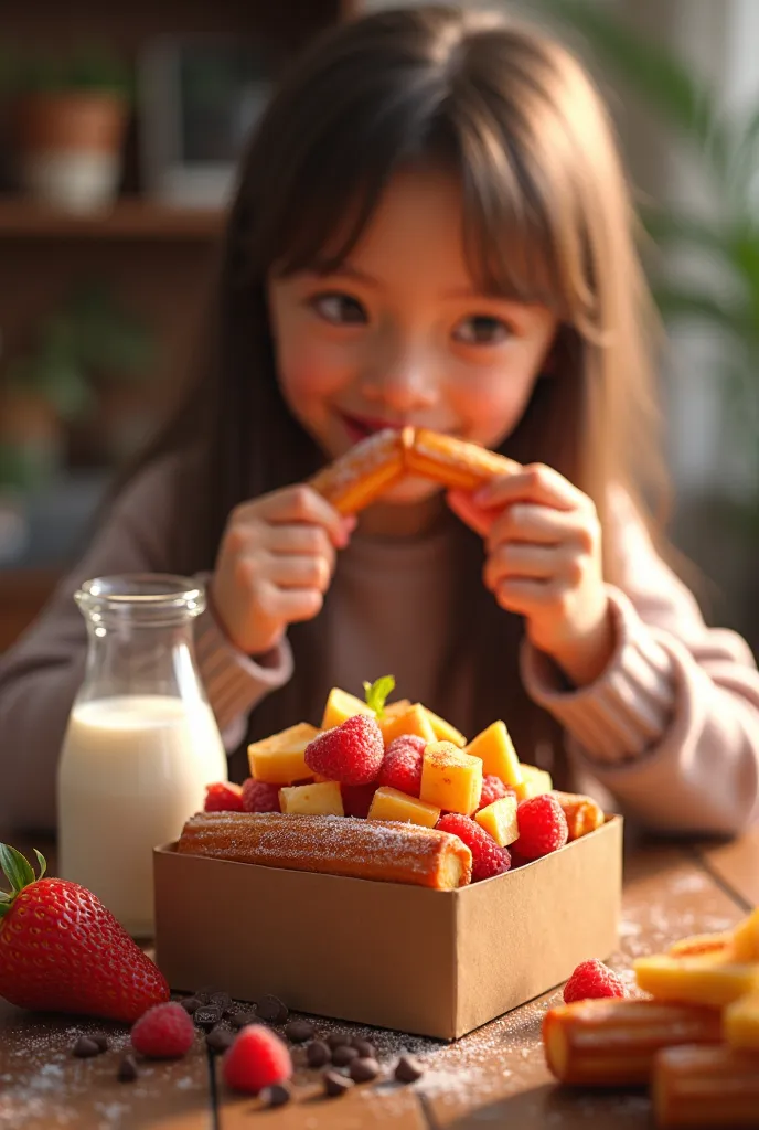 Person eating sugar and cinnamon churros prepared with chopped fruit, Chocolate chips and milk jug with box 