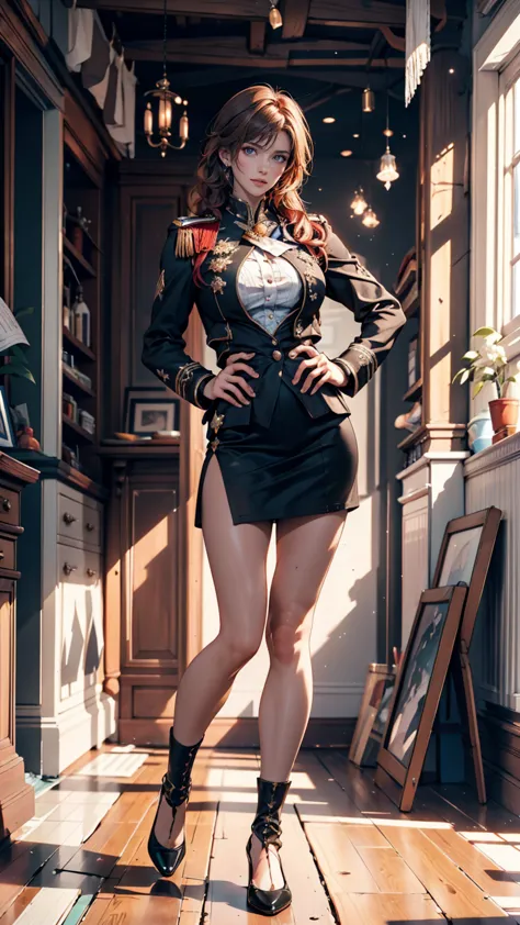 Frederick the Great (azur lane:0.5), saggy breasts, uniform, full body, (standing), indoors, outdoor,  model shoot style , masterpiece,  details, high quality, sharp concentration, dramatic,  Photorealistic Painting Art,  pose , Performance, foot, (extreme...